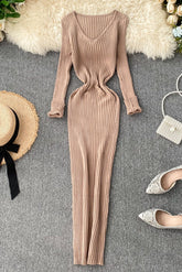 Robe tricotée col V robe pull élastique slim robe longue chaude en tricot